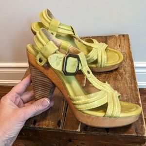 Frye Trapunto Boho Leather Wood Heel Platform Sandal Size 10 Vintage